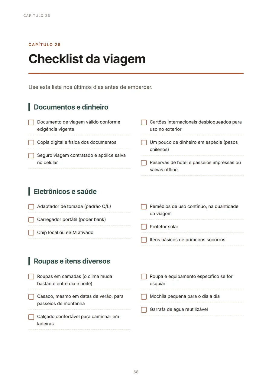 Página do checklist de viagem organizado por categoria